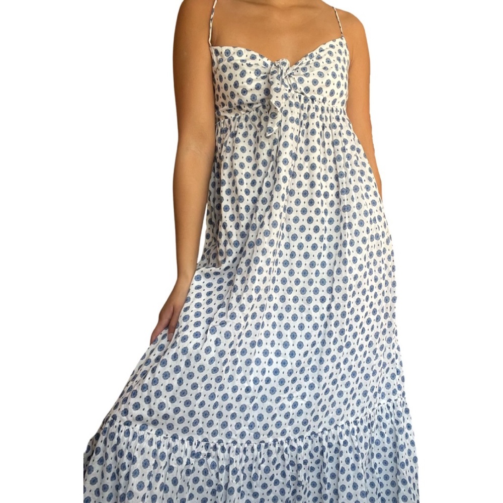 Babydoll White & Blue Paisley Bow Sweetheart Neckline Tiered Midi Dress